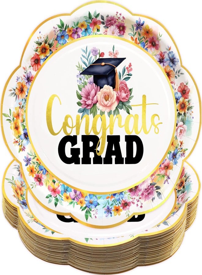 ceiba tree 30pcs Graduation Oval Paper Plates Class of 2026 Floral Gold Foiled Congrats Grad Party Dinner Plates 10"x12" Disposable Serving Dish Graduation Party Tableware - Image 2