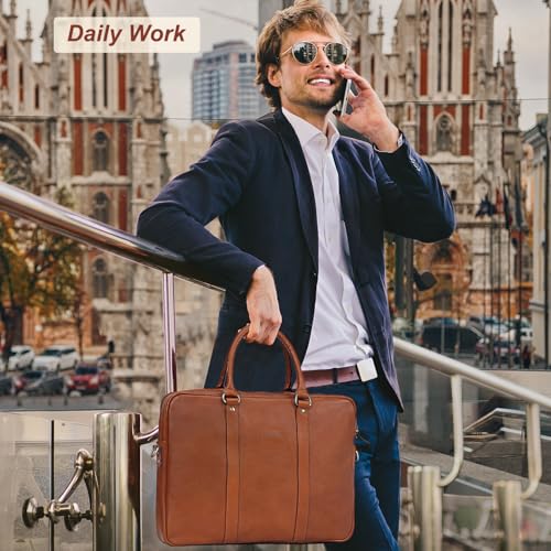 Banuce Premium Italian Full Grain Leather Briefcase for Men Fits 14 Inch Laptop for Business Travel Office Work with Detachable and Adjustable Shoulder Strap Brown - Image 3