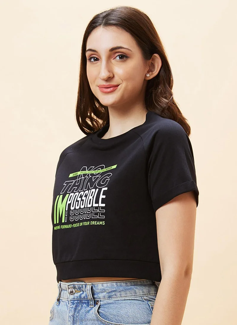 globus Globus Women Black Typography Printed Raglan Sleeves Pure Cotton Crop Top