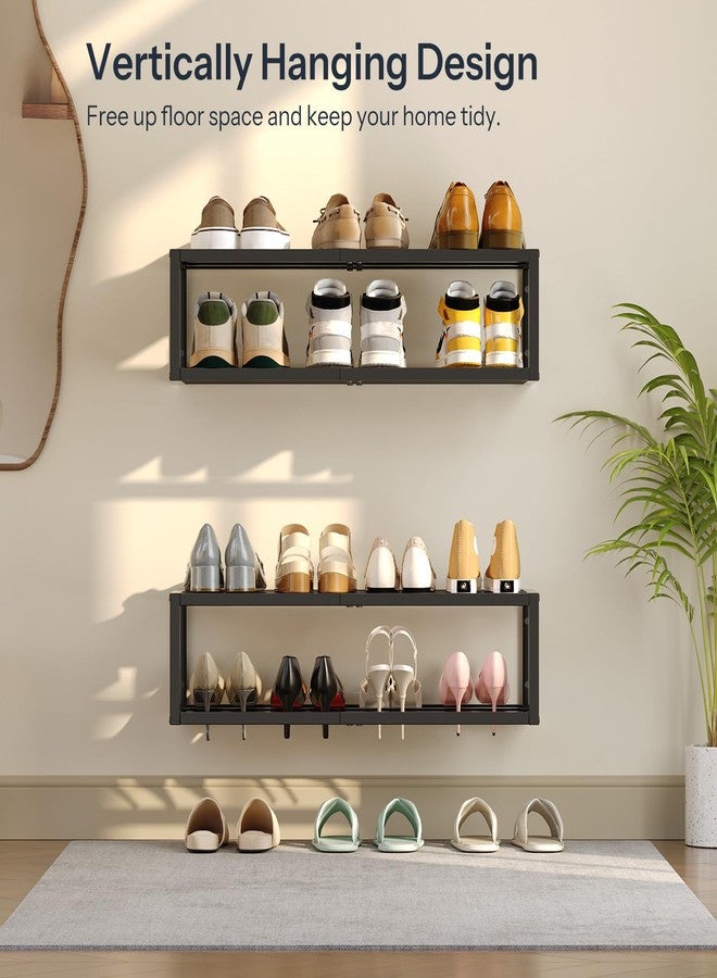 HOOBRO Wall-Mounted Shoe Rack, 2 Pack Hanging Metal Shoe Shelf, Space-Saving Shoe Storage Organizer, Holds 12-16 Pairs, Shoe Holder for Entryway, Closet, Small Spaces, Black BK44XJP201 - Image 2