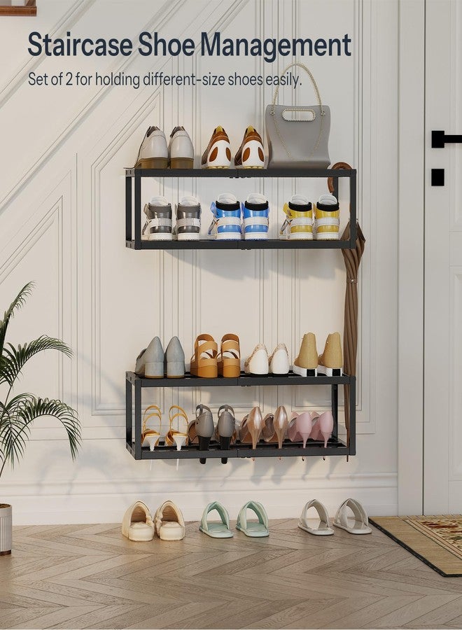 HOOBRO Wall-Mounted Shoe Rack, 2 Pack Hanging Metal Shoe Shelf, Space-Saving Shoe Storage Organizer, Holds 12-16 Pairs, Shoe Holder for Entryway, Closet, Small Spaces, Black BK44XJP201 - Image 3