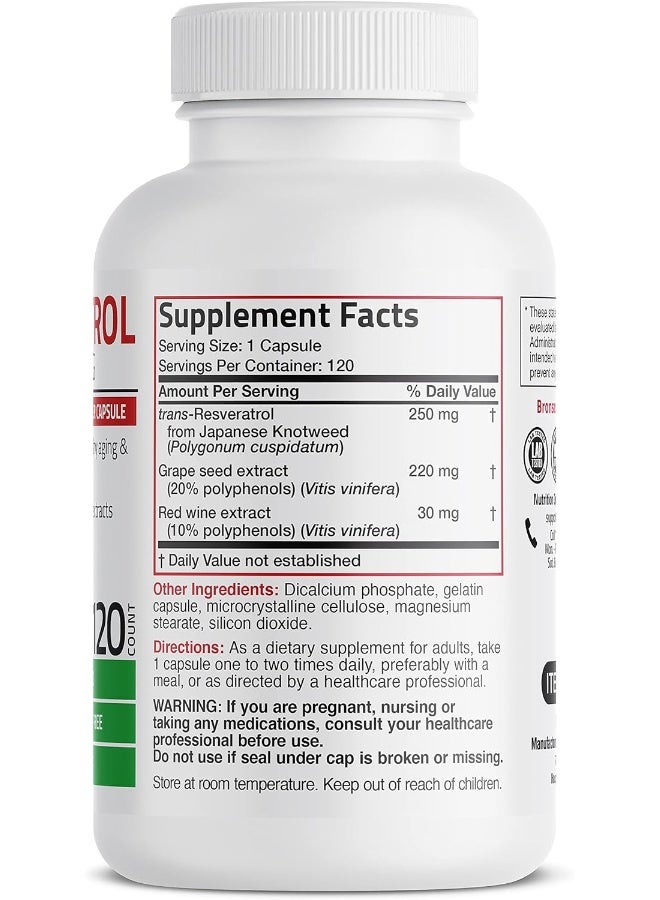 Bronson Resveratrol 500 Complex Red Wine Extract Natural Antioxidant Supplement for Cardiovascular & Immune System Health, 120 Capsules - Image 2