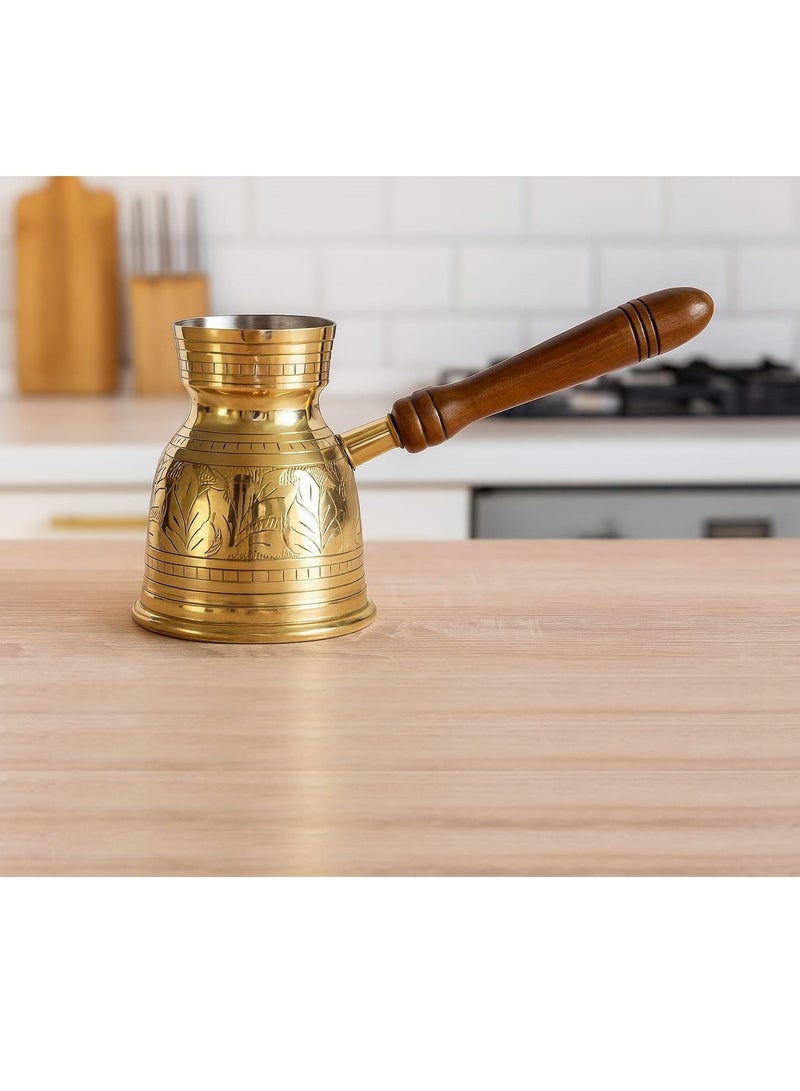 Royal Brass Turkish Coffee Warmer Turkish Style Brass Coffee Pot with Wooden Handle, Gold Brass Coffee Warmer 11 Centimeter - Image 1