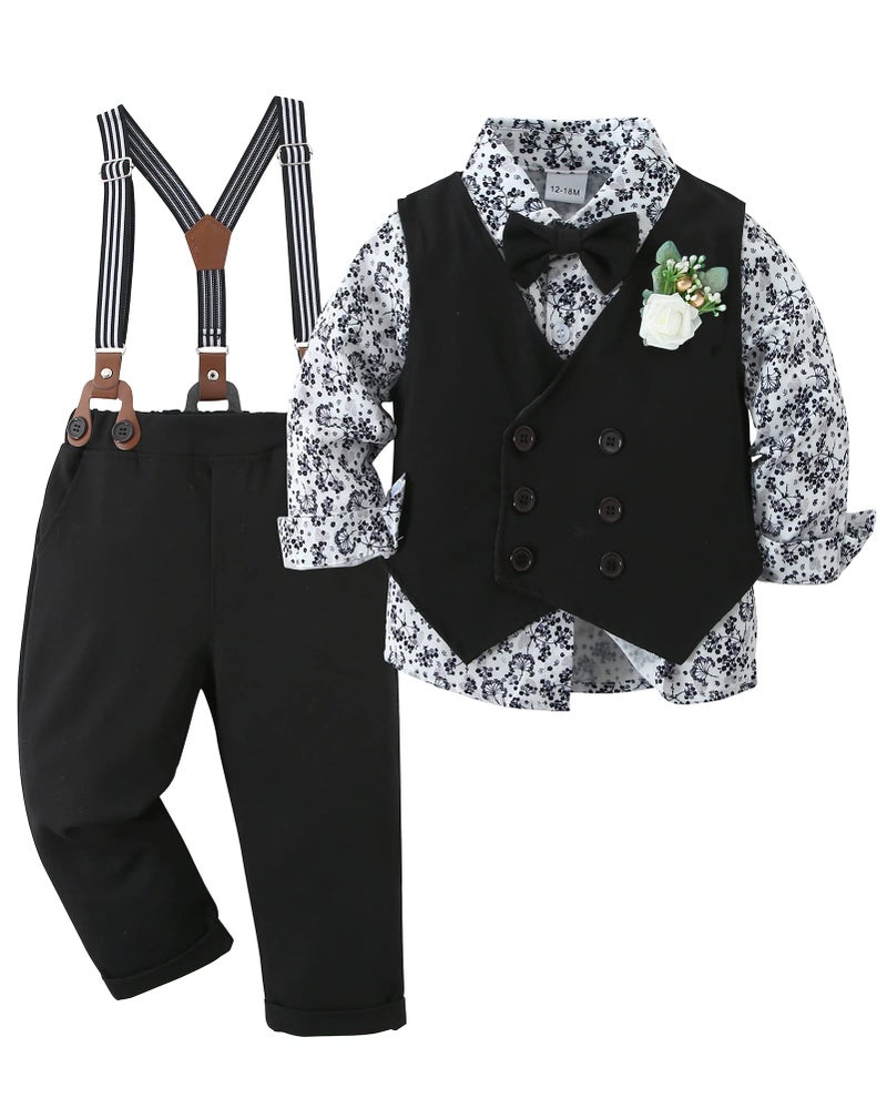 YALLET Toddler Baby Boy Clothes Suit Gentleman Wedding Outfits, Formal Dress Shirt+Bowtie+Vest+Boutonniere+Suspender Pants(V Black, 12-18 Months) - Image 1