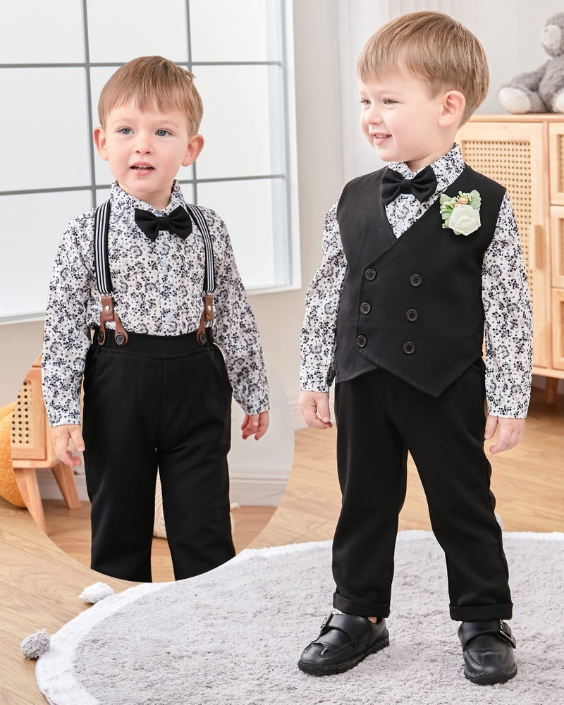 YALLET Toddler Baby Boy Clothes Suit Gentleman Wedding Outfits, Formal Dress Shirt+Bowtie+Vest+Boutonniere+Suspender Pants(V Black, 12-18 Months) - Image 3