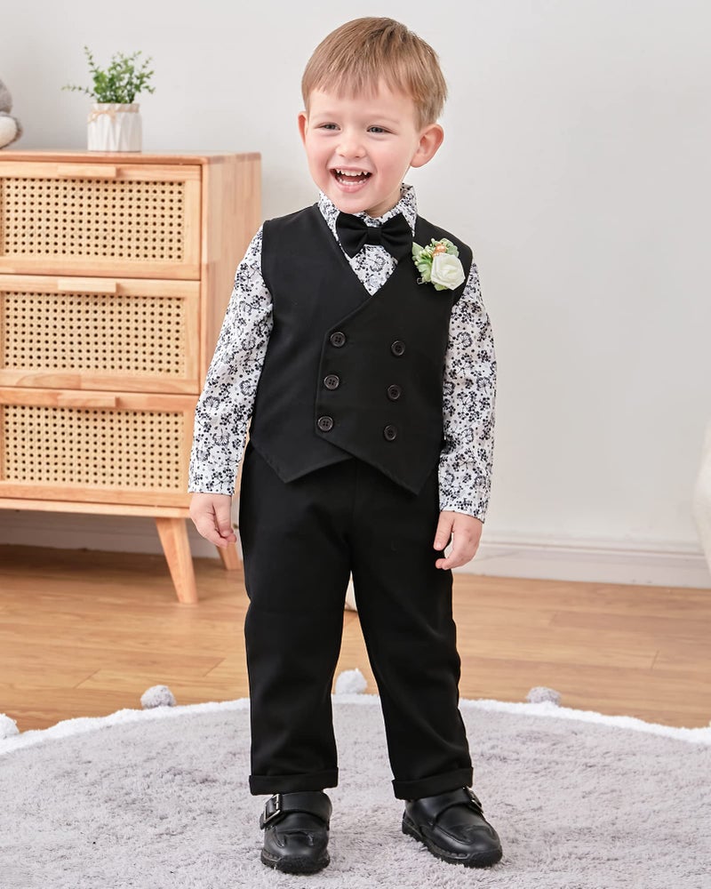 YALLET Toddler Baby Boy Clothes Suit Gentleman Wedding Outfits, Formal Dress Shirt+Bowtie+Vest+Boutonniere+Suspender Pants(V Black, 12-18 Months) - Image 2