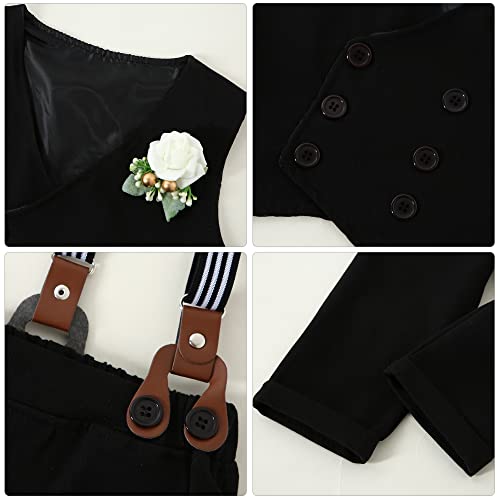 YALLET Toddler Baby Boy Clothes Suit Gentleman Wedding Outfits, Formal Dress Shirt+Bowtie+Vest+Boutonniere+Suspender Pants(V Black, 12-18 Months) - Image 5