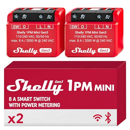 Shelly 1PM Mini Gen3 | WiFi Smart Switch Relay, 1 Channel 8A with Power Measurement | Home Automation | Bluetooth Gateway | Compatible with Alexa & Google Home | No Hub Required (2 Pack) - Image 1