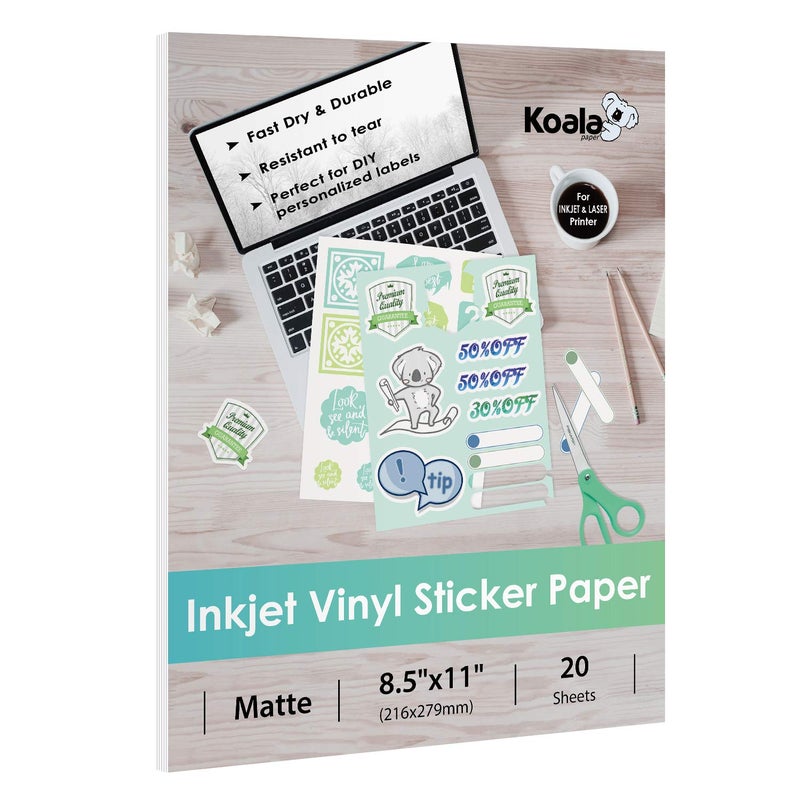 KOALA PAPER Koala Printable Vinyl Sticker Paper for Inkjet Printer - 20 Sheets Matte White Vinyl Sticker Paper, Waterproof Sticker Paper 8.5x11 Inch, Work with Cutting Machine - Image 1
