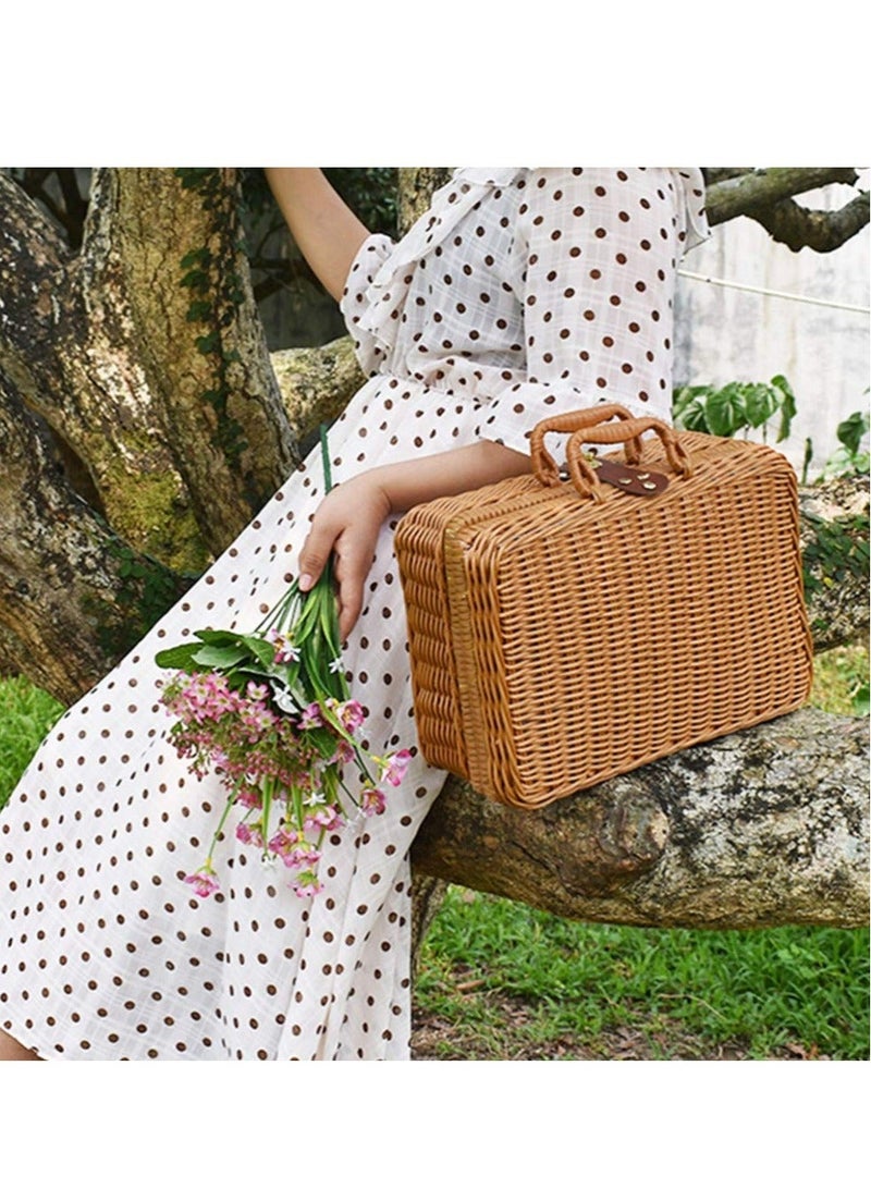 Generic Picnic Basket, Liner Rattan Storage Basket Vintage Rattan Handbag Rustic Picnic Basket Makeup Storage Case for Camping, Wedding, Gift  - Image 4