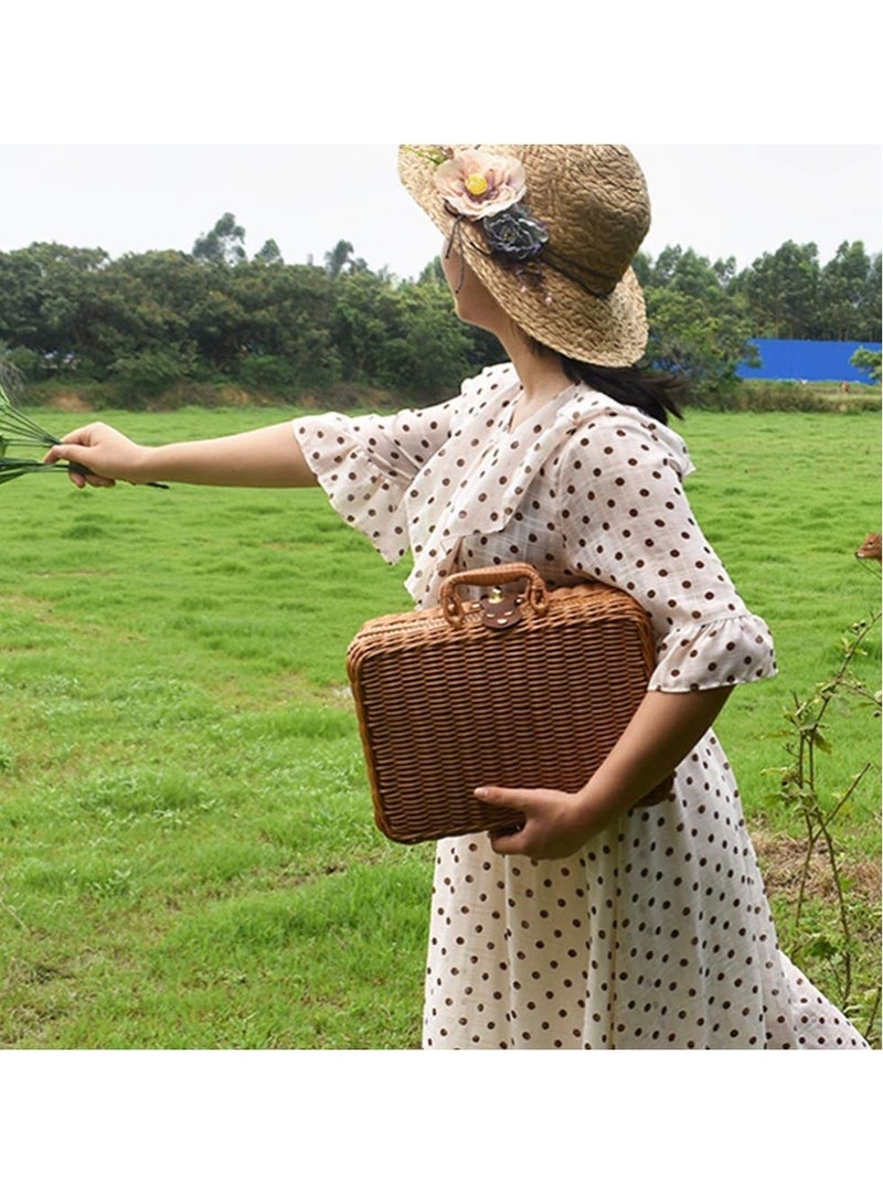 Generic Picnic Basket, Liner Rattan Storage Basket Vintage Rattan Handbag Rustic Picnic Basket Makeup Storage Case for Camping, Wedding, Gift  - Image 3