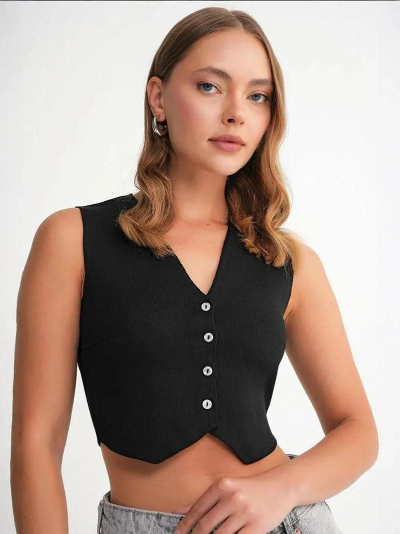MixRay Mixray V-Neck Buttoned Crop Vest