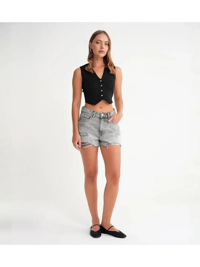 MixRay Mixray V-Neck Buttoned Crop Vest