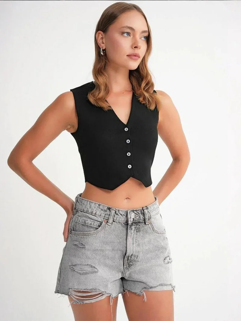 Mixray Black Mixray V-Neck Buttoned Crop Vest for Women | Best Price UAE
