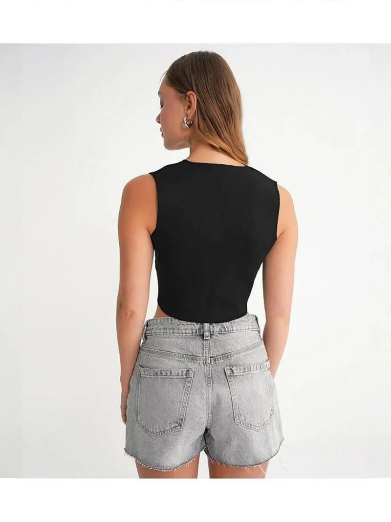 Mixray Black Mixray V-Neck Buttoned Crop Vest for Women | Best Price UAE