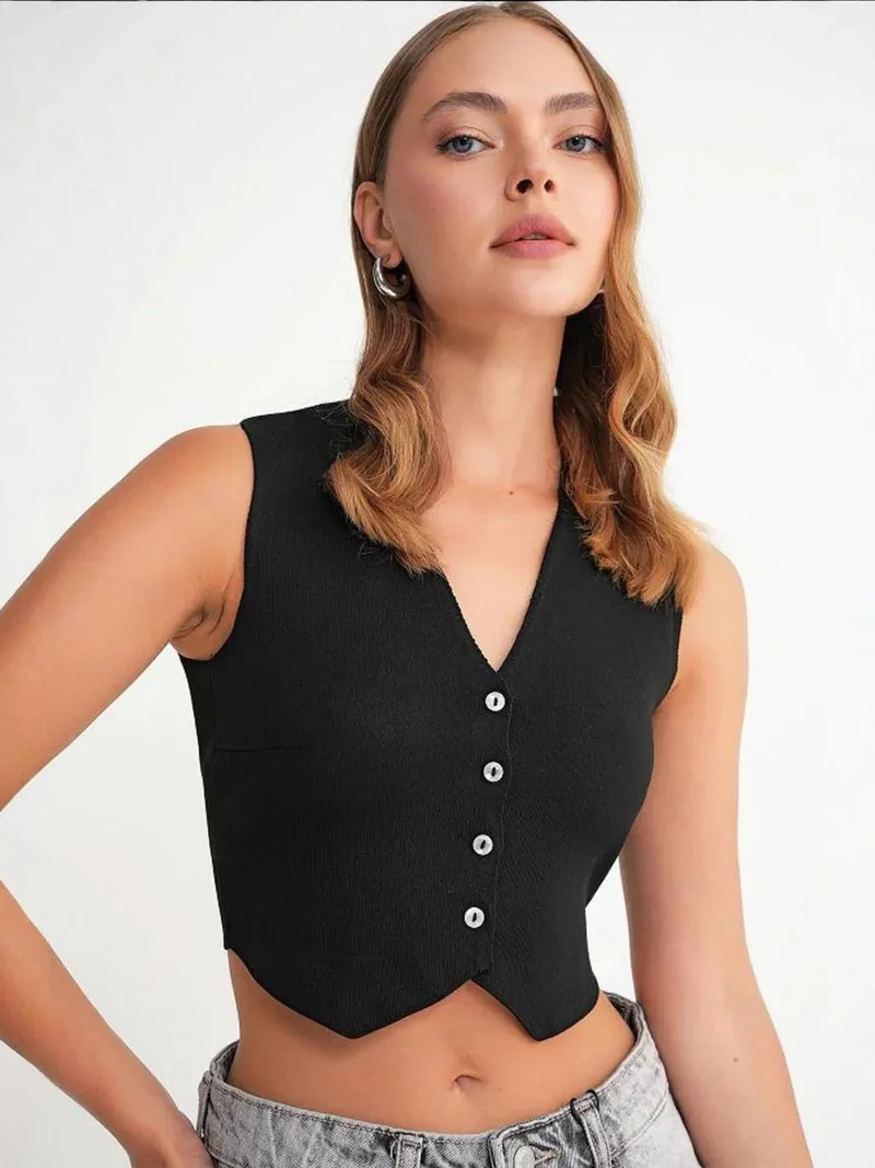 Mixray Black Mixray V-Neck Buttoned Crop Vest for Women | Best Price UAE