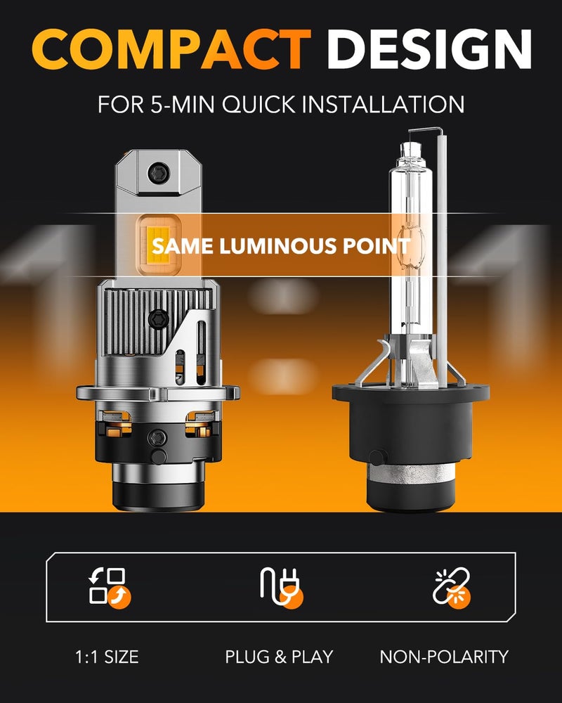 OXILAM 2026 Latest D4S Bulbs 900% Ultra Bright 6500K, 1:1 Mini Xenon Size Fog Light Bulb, Non-Polarity IP68 Waterproof Wireless HID Bulbs Replacement, 2PCS - Image 3