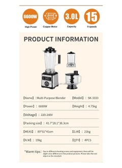 sokany 3 in 1 High Capacity Stainless Steel Multipurpose Food Processor Blender 6600W 3L  - Image 2