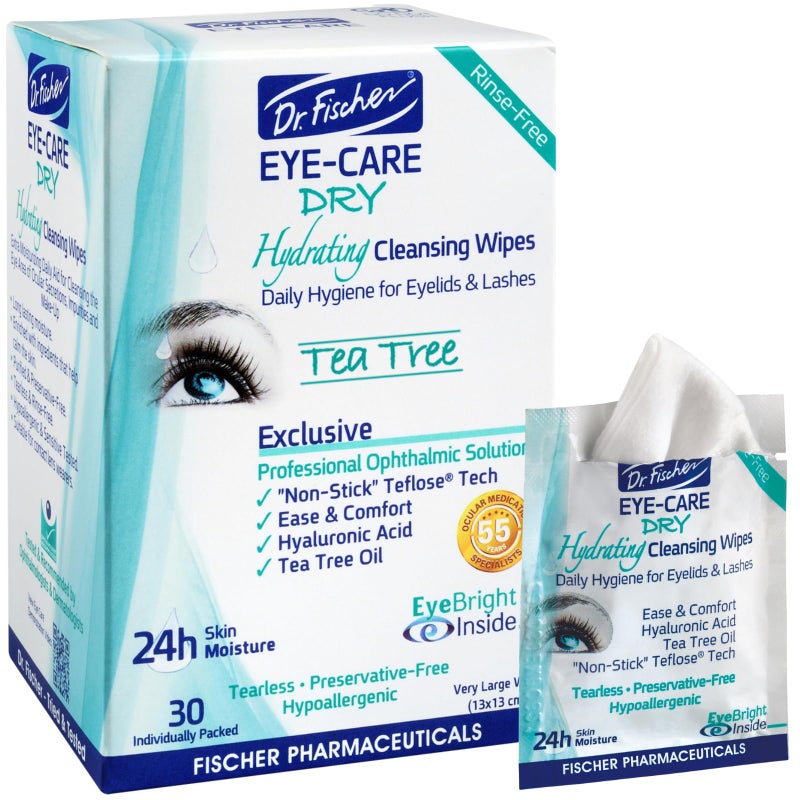 Dr. Fischer Tea Tree Eyelid Wipes: Hypoallergenic Eye Wipes for Dry, Red, Allergy Eyes. Long-Lasting Relief for Computer Vision & Tired Eyes. Effective Makeup Remover for Sensitive Skin. - Image 1