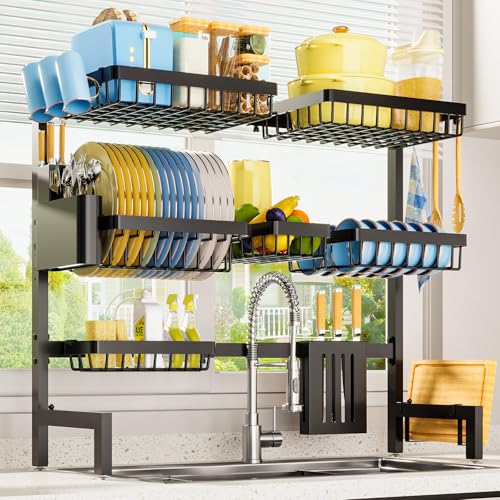 Sakugi Dish Drying Rack Over The Sink Dish Drainer Drying Rack with Utensil Knife Holder Hooks Stainless Steel Kitchen Organizers and Storage Solution 118 D x 315390W x 30 H Black - Image 1