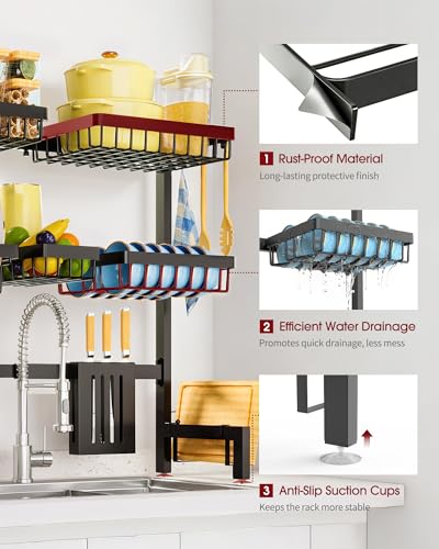 Sakugi Dish Drying Rack Over The Sink Dish Drainer Drying Rack with Utensil Knife Holder Hooks Stainless Steel Kitchen Organizers and Storage Solution 118 D x 315390W x 30 H Black - Image 3