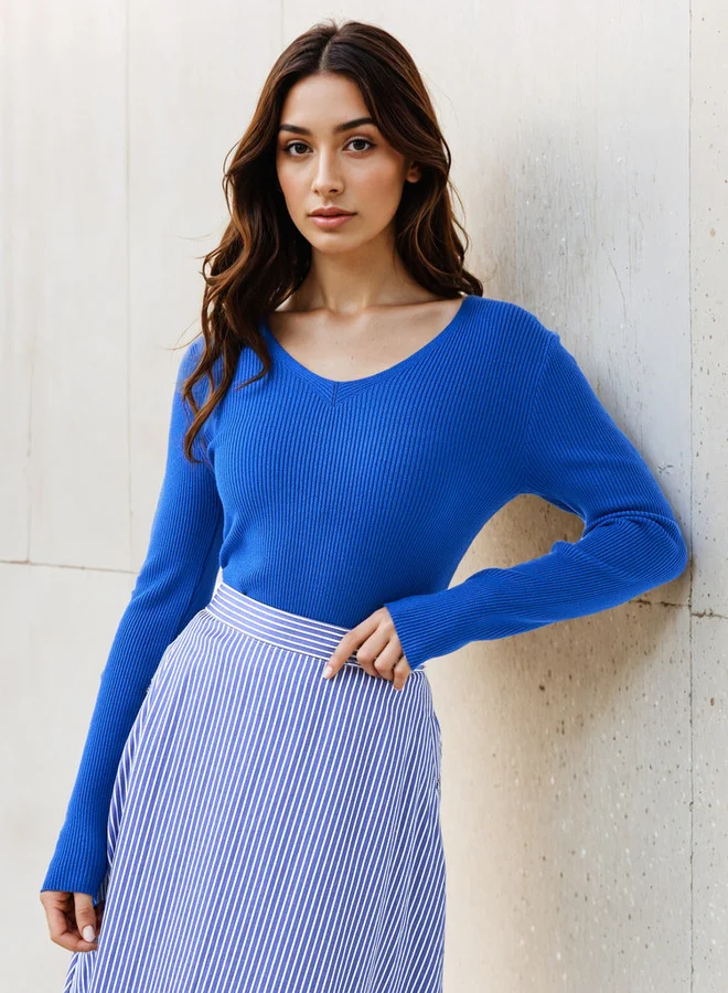 2Xtremz 2Xtremz Regular Fit Ribbed V-neck Tricot Sweater