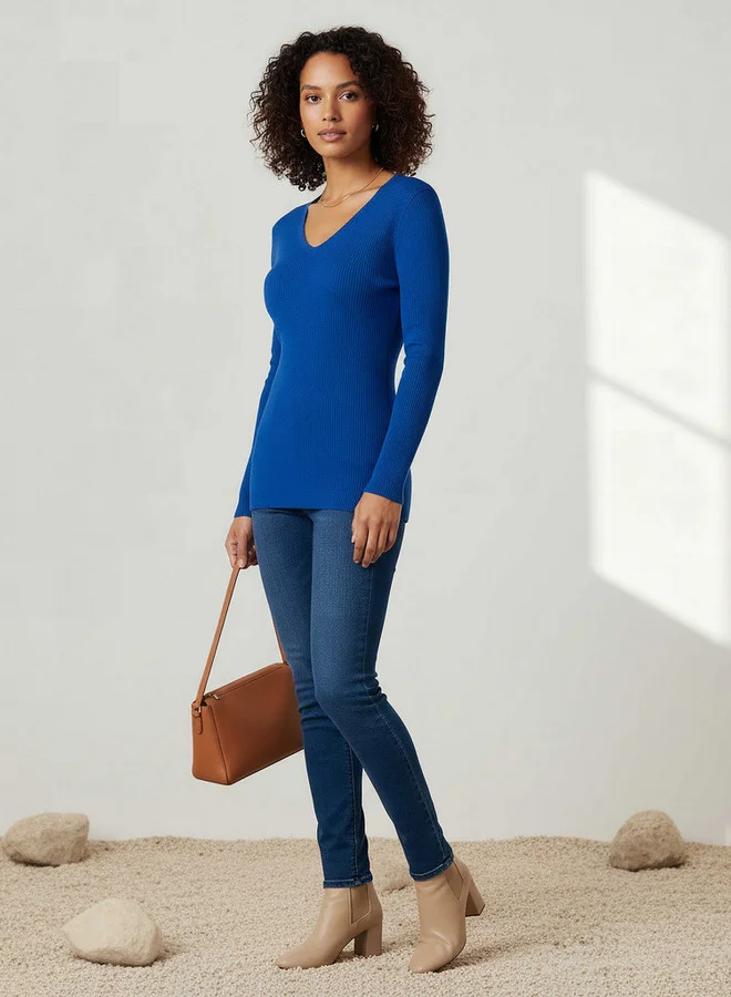 2Xtremz 2Xtremz Regular Fit Ribbed V-neck Tricot Sweater