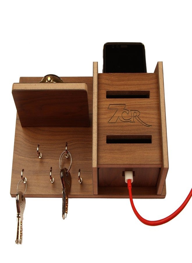 7CR Wooden Wall Key Holder with Mobile Charging Stand | Multipurpose Wall Organizer Shelf for Keys, Phone, Wallet & Accessories | Modern Home Entryway Decor (10x5 Inches, Dark Wood Finish) - Image 2
