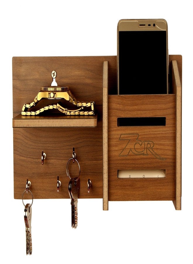 7CR Wooden Wall Key Holder with Mobile Charging Stand | Multipurpose Wall Organizer Shelf for Keys, Phone, Wallet & Accessories | Modern Home Entryway Decor (10x5 Inches, Dark Wood Finish) - Image 3