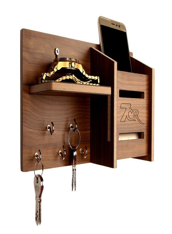 7CR Wooden Wall Key Holder with Mobile Charging Stand | Multipurpose Wall Organizer Shelf for Keys, Phone, Wallet & Accessories | Modern Home Entryway Decor (10x5 Inches, Dark Wood Finish) - Image 1