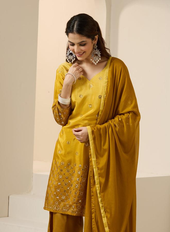 ISHIN Women's Yellow Poly Silk Printed Tunic Top With Ankle Palazzo Straight 3 Peice Kurta Set - Image 1