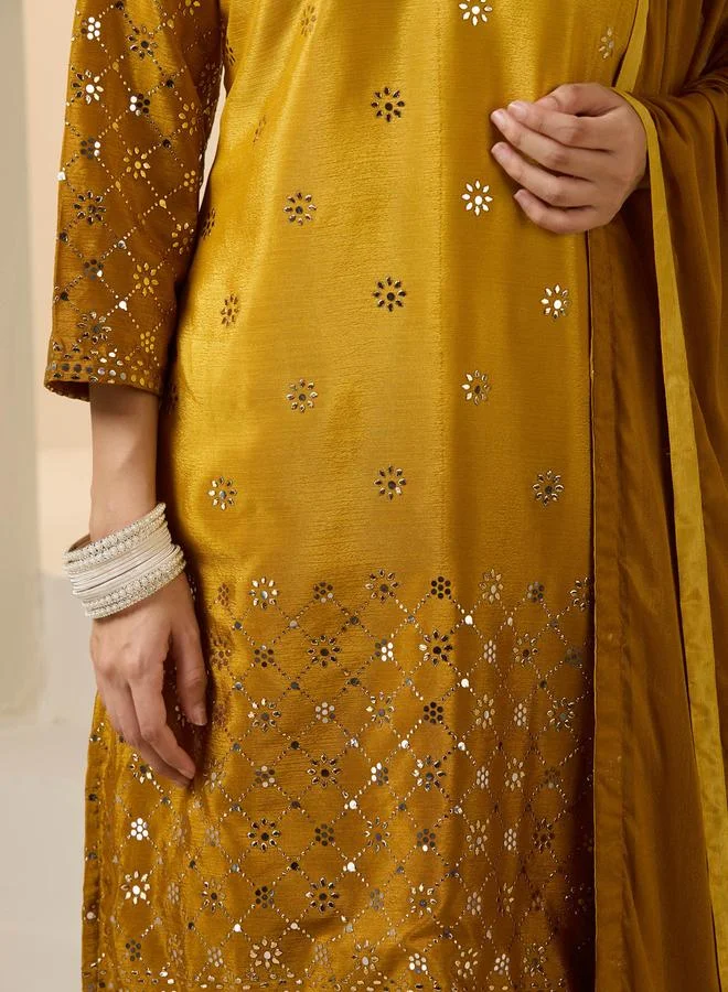 ISHIN Women's Yellow Poly Silk Printed Tunic Top With Ankle Palazzo Straight 3 Peice Kurta Set