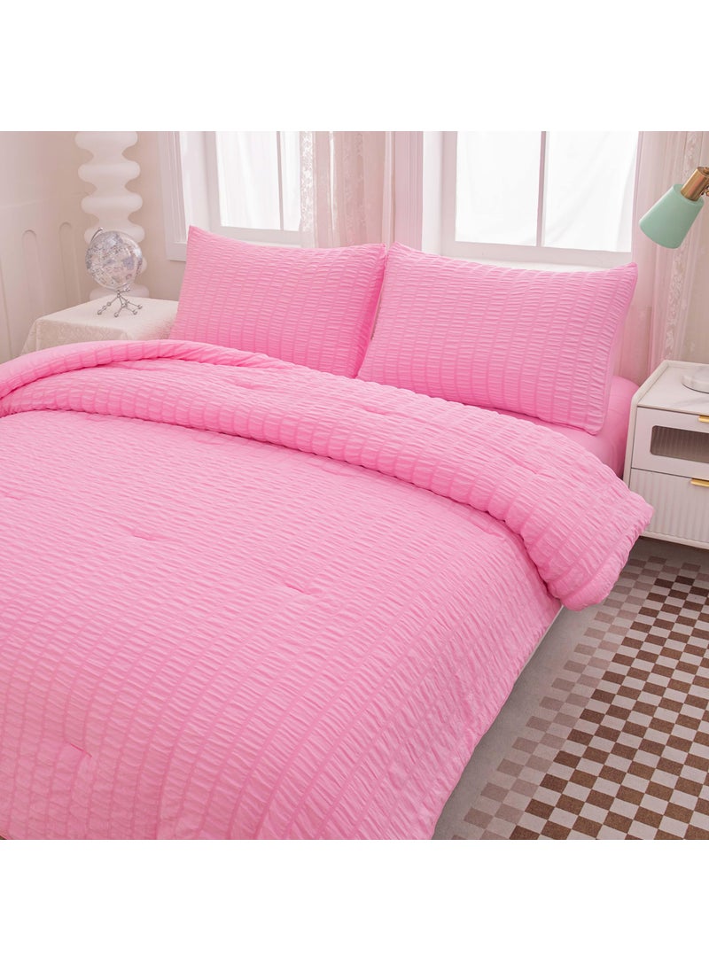 Yadangxiawa Yadangxiawa Pink Comforter Sets King Size  Pink Seersucker Bedding Set 3-Pieces Bed in a Bag Microfiber Lightweight Comforter All Season Bedding Sets with 2 Pillowcases  - Image 2