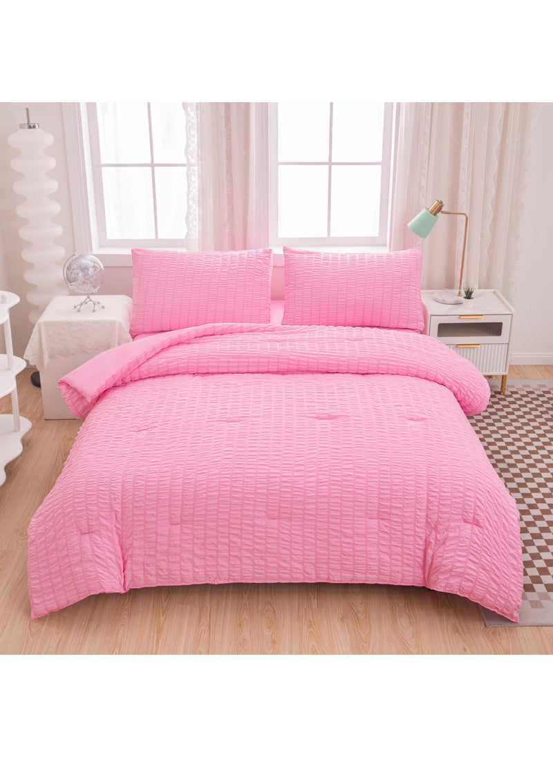 Yadangxiawa Yadangxiawa Pink Comforter Sets King Size  Pink Seersucker Bedding Set 3-Pieces Bed in a Bag Microfiber Lightweight Comforter All Season Bedding Sets with 2 Pillowcases  - Image 1