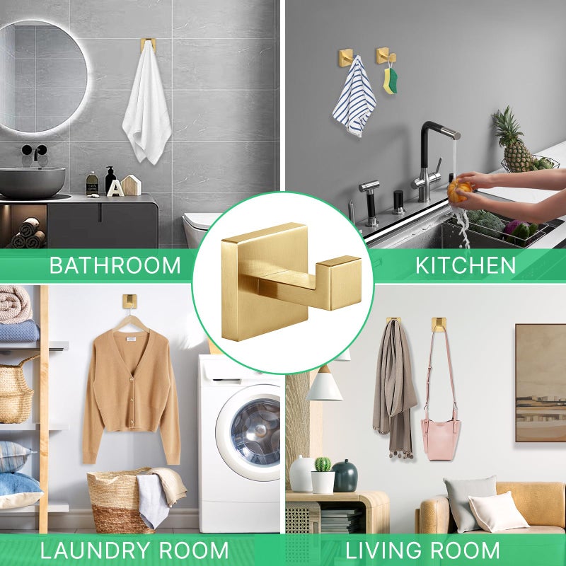 Fenas Heavy Duty Stainless Steel Towel Hooks, Wall Mounted Square Robe Hooks for Bathroom, Kitchen, Bedroom, Hotel Brushed Gold 2 Pack - Image 5