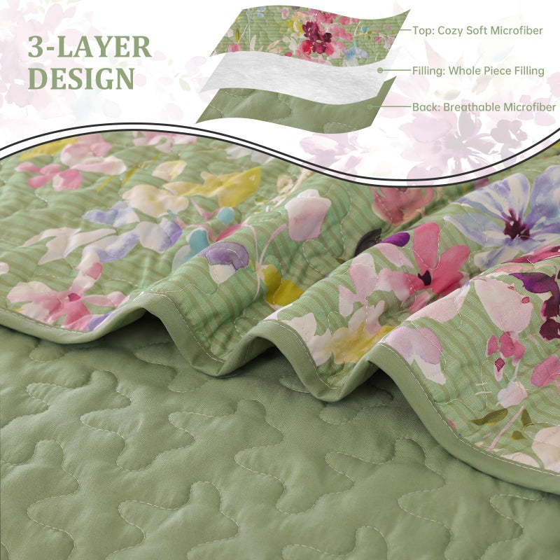 Dobuyly Sage Green Floral Quilt Set Queen Size, Botanical Flowers Bedspreads Coverlet Set, 3 Pieces Soft Lightweight Microfiber Quilt Bedding Set for All Seasons 96"x90" - Image 4
