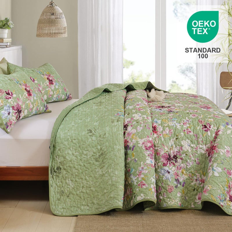 Dobuyly Sage Green Floral Quilt Set Queen Size, Botanical Flowers Bedspreads Coverlet Set, 3 Pieces Soft Lightweight Microfiber Quilt Bedding Set for All Seasons 96"x90" - Image 3