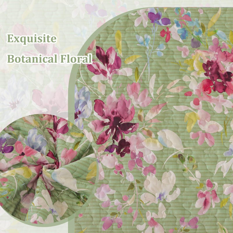 Dobuyly Sage Green Floral Quilt Set Queen Size, Botanical Flowers Bedspreads Coverlet Set, 3 Pieces Soft Lightweight Microfiber Quilt Bedding Set for All Seasons 96"x90" - Image 5