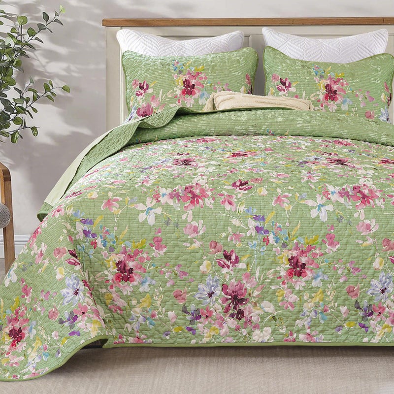 Dobuyly Sage Green Floral Quilt Set Queen Size, Botanical Flowers Bedspreads Coverlet Set, 3 Pieces Soft Lightweight Microfiber Quilt Bedding Set for All Seasons 96"x90" - Image 1