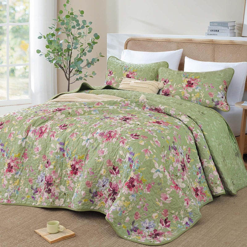 Dobuyly Sage Green Floral Quilt Set Queen Size, Botanical Flowers Bedspreads Coverlet Set, 3 Pieces Soft Lightweight Microfiber Quilt Bedding Set for All Seasons 96"x90" - Image 2