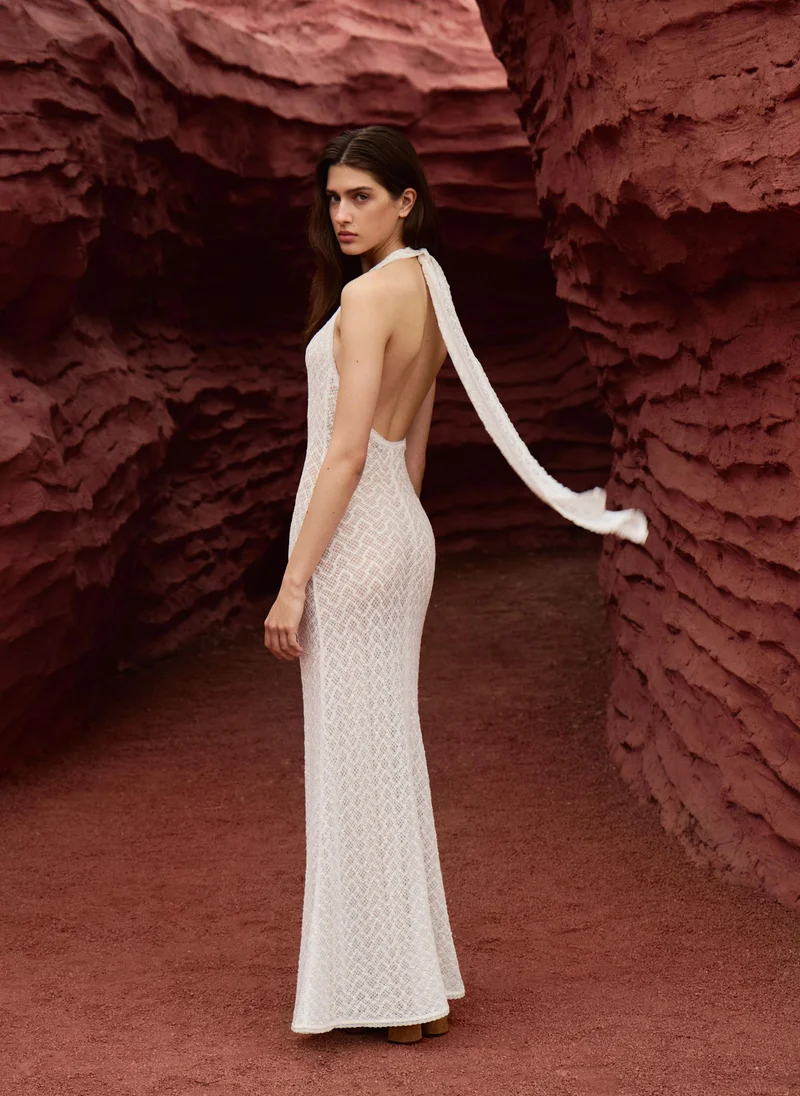 Lichi  Maxi dress in openwork knit with golden detailing on the bodice for Women | Best Price UAE