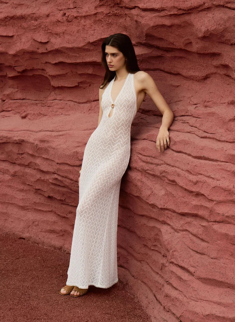 Lichi  Maxi dress in openwork knit with golden detailing on the bodice for Women | Best Price UAE