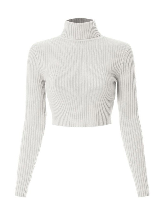 MixMatchy Women's Solid Long Sleeve Ribbed Turtle Neck Ultra Comfort Clothing Top, A White, L - Image 1