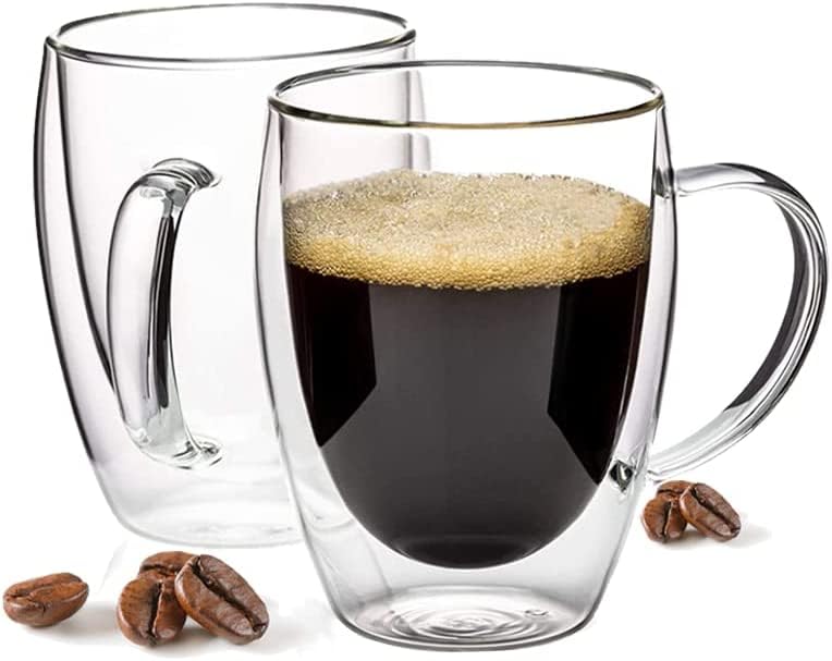 KHOLAD Double Wall Glass Coffee Mugs with Handle Set of 2, Clear Large Cup for Milk, Juice,Tea, Cappuccino, Hot & Cold Beverages (2, Double Wall 350 ML) - Image 1