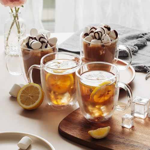 KHOLAD Double Wall Glass Coffee Mugs with Handle Set of 2, Clear Large Cup for Milk, Juice,Tea, Cappuccino, Hot & Cold Beverages (2, Double Wall 350 ML) - Image 2
