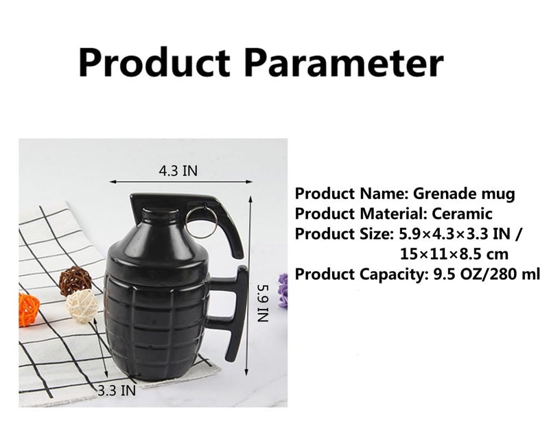Hyzone Grenade Mug, Ceramic Coffee Cup with Lid, Milk, Juice (Black) - Image 2