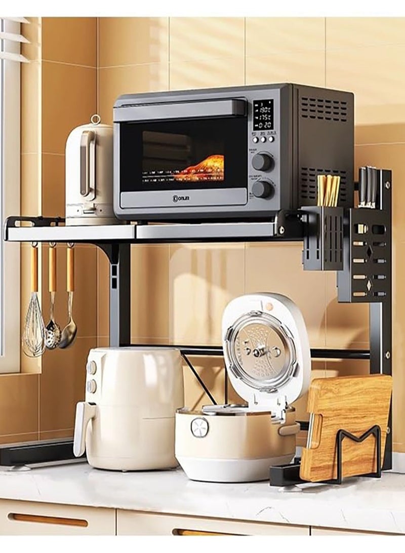 VUCATIN رف معدني لفرن الميكروويف قابل للتوسيع لتخزين أدوات المطبخ وتوفير مساحة على المنضدة ومنظم للخزانة وحامل للتوابل مع 6 خطافات وإطار كتلة التقطيع وحامل للأدوات وأنبوب عيدان تناول الطعام (طبقتان باللون الأسود) - Image 1