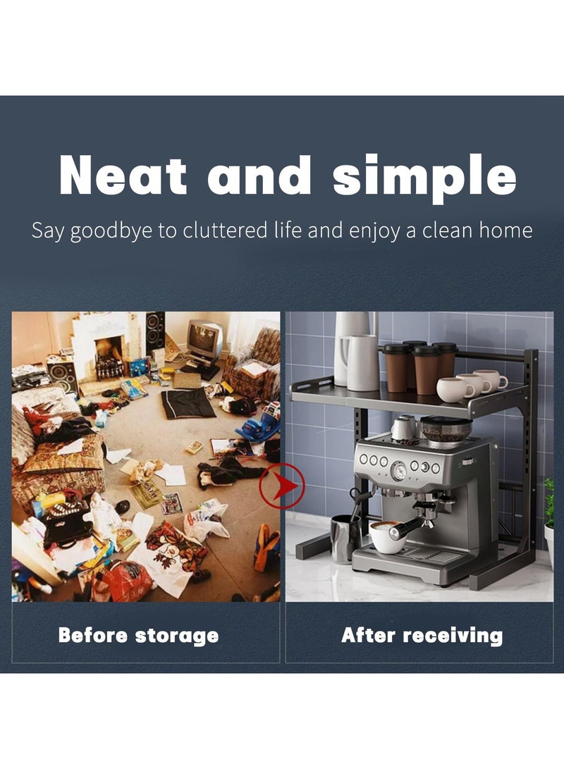 VUCATIN رف معدني لفرن الميكروويف قابل للتوسيع لتخزين أدوات المطبخ وتوفير مساحة على المنضدة ومنظم للخزانة وحامل للتوابل مع 6 خطافات وإطار كتلة التقطيع وحامل للأدوات وأنبوب عيدان تناول الطعام (طبقتان باللون الأسود) - Image 2