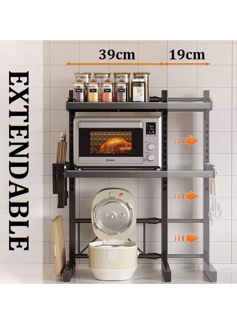 VUCATIN رف معدني لفرن الميكروويف قابل للتوسيع لتخزين أدوات المطبخ وتوفير مساحة على المنضدة ومنظم للخزانة وحامل للتوابل مع 6 خطافات وإطار كتلة التقطيع وحامل للأدوات وأنبوب عيدان تناول الطعام (طبقتان باللون الأسود) - Image 4