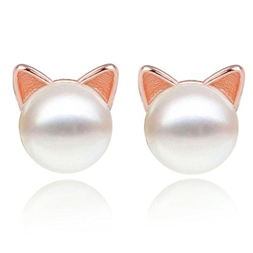 S.Leaf Cat Pearl Earrings for Women Sterling Silver Hypoallergenic Flat Back Stud Cat Memorial Earrings Best Friend Birthday Gifts for Women Trendy Siser Mom Wife Womens Her Friend Party - Image 1